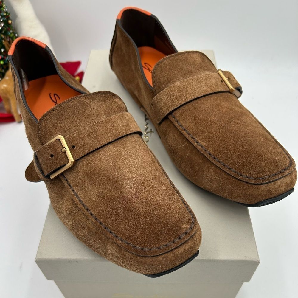 Men’s Santoni buckle detail brown suede Driver loafers size 9, made in Italy